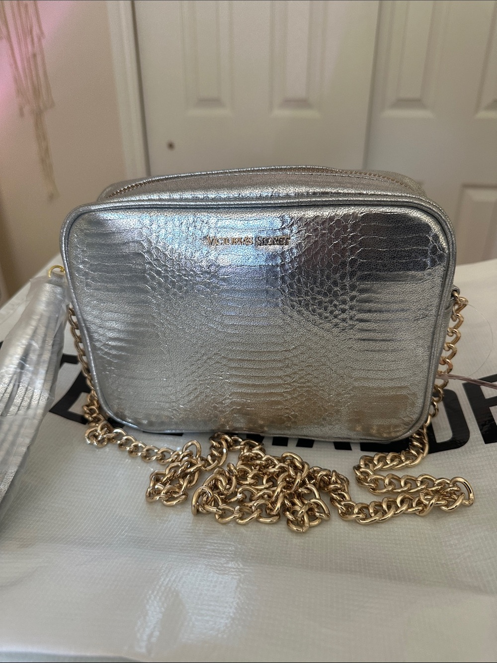Victoria's Secret Metallic Silver Crossbody with Gold Chain